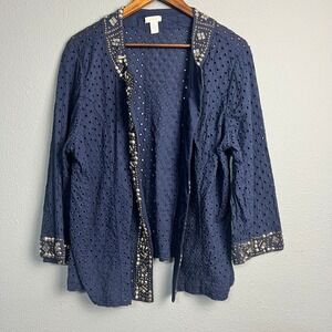 Chico's Embellished Eyelet Jacket Open Front Cardigan Topper Blue Size 3‎ - XL